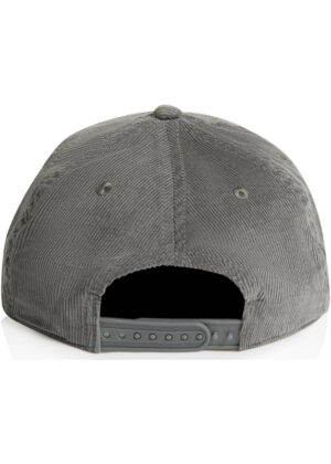 Back view of a gray corduroy baseball cap with an adjustable plastic strap at the rear.
