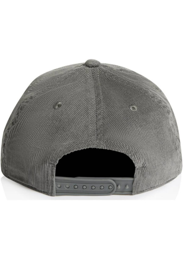 Back view of a gray corduroy baseball cap with an adjustable plastic strap at the rear.