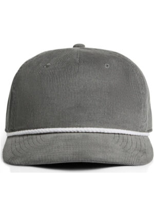 Gray corduroy baseball cap with a white rope band around the base of the crown.