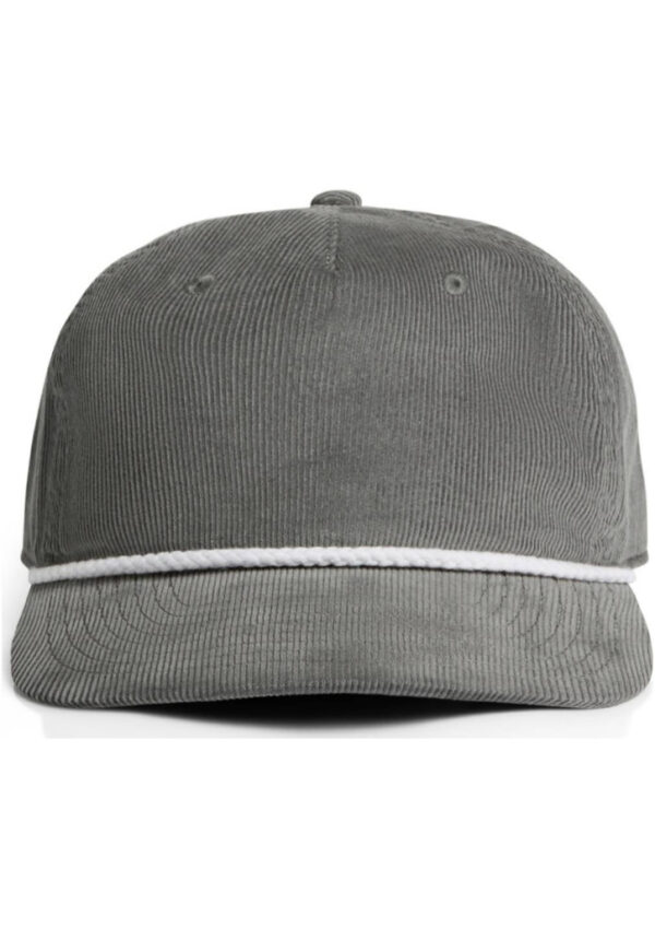Gray corduroy baseball cap with a white rope band around the base of the crown.
