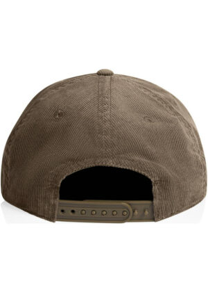 Back view of a brown corduroy baseball cap with an adjustable plastic strap