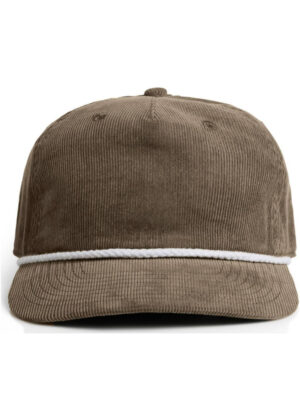 Brown corduroy baseball cap with a white rope band across the brim