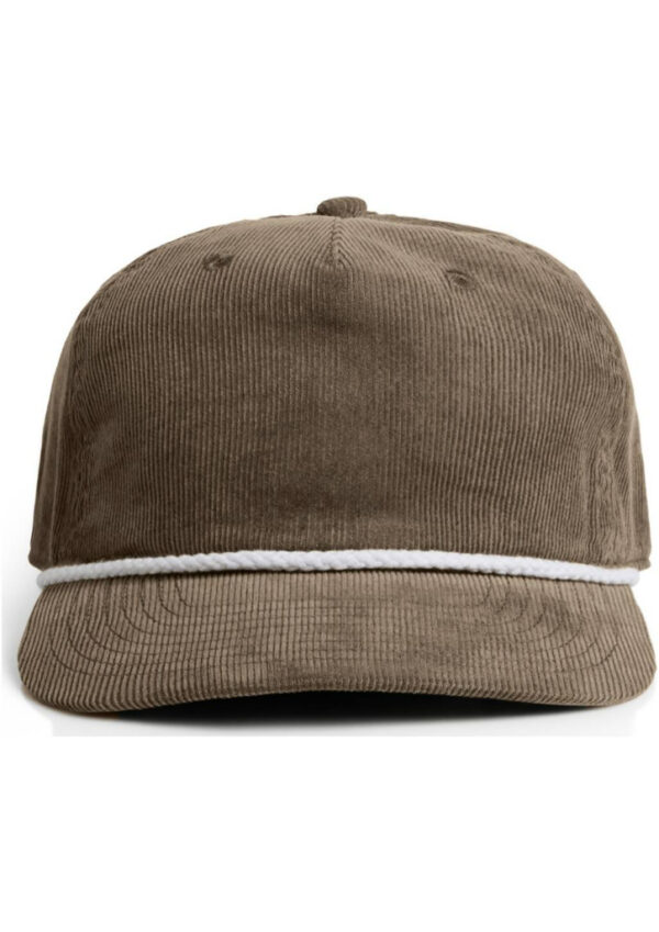 Brown corduroy baseball cap with a white rope band across the brim