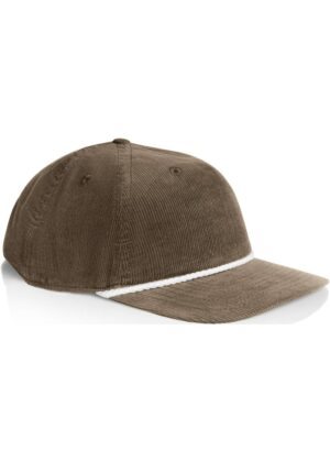 Brown corduroy baseball cap with a white rope trim detailing along the brim