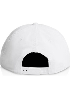 White baseball cap viewed from the back with an adjustable strap.