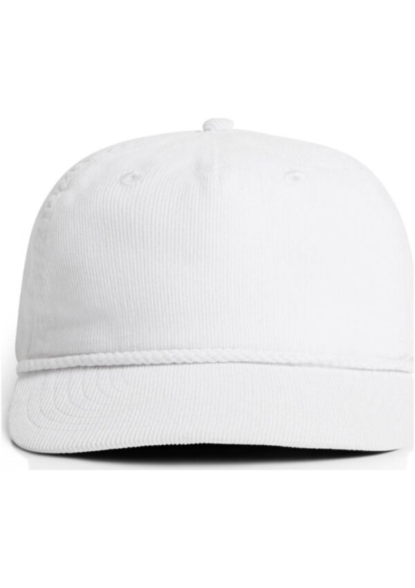 Front view of a plain white baseball cap with a curved brim and top button on a white background.
