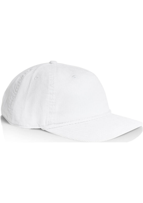 White baseball cap photographed against a white background; simple, casual headwear item with curved brim and button top.