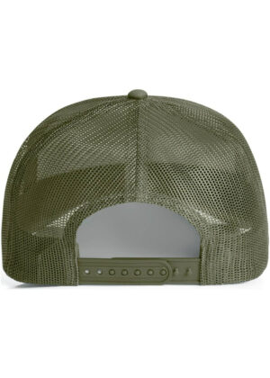 Back view of an olive green mesh trucker hat with an adjustable snap strap.