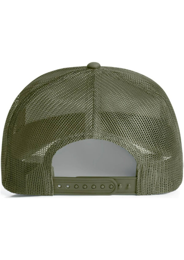 Back view of an olive green mesh trucker hat with an adjustable snap strap.