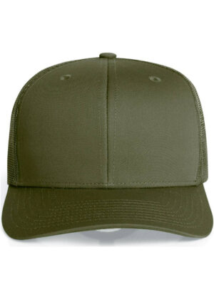 Front view of an olive green baseball cap with a curved brim and stitched panels (mesh back)