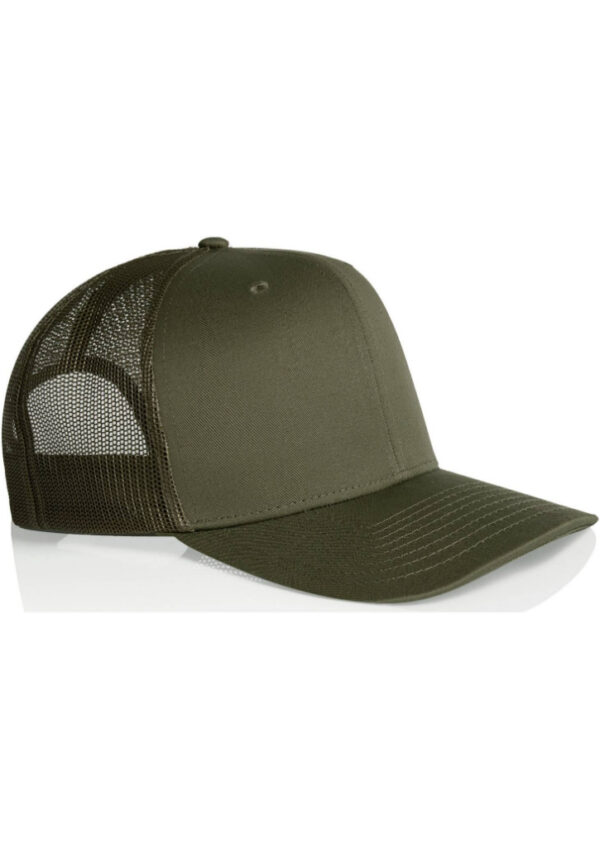 Olive-green trucker hat with a curved brim and mesh back on a white background.