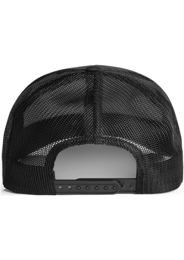 Back view of a black mesh trucker hat with an adjustable snap strap closure in the center