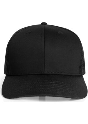 Front view of a plain black baseball cap with a curved brim and mesh back panels