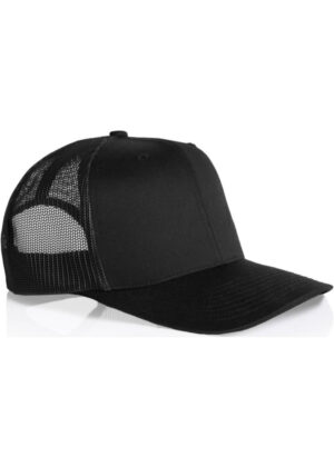 Black trucker cap with mesh back and curved brim, isolated on white background.