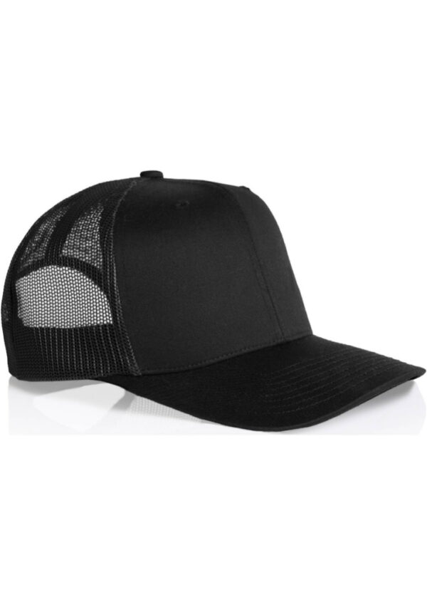 Black trucker cap with mesh back and curved brim, isolated on white background.