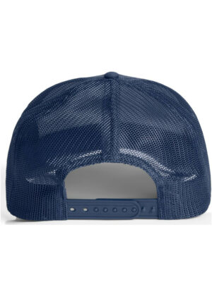 Back view of a navy blue mesh baseball cap showing an adjustable plastic snapback closure.