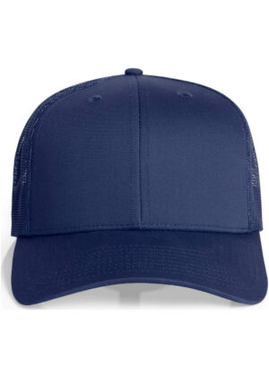 Navy blue baseball cap viewed from the front, with curved brim and mesh sides visible on the back half.