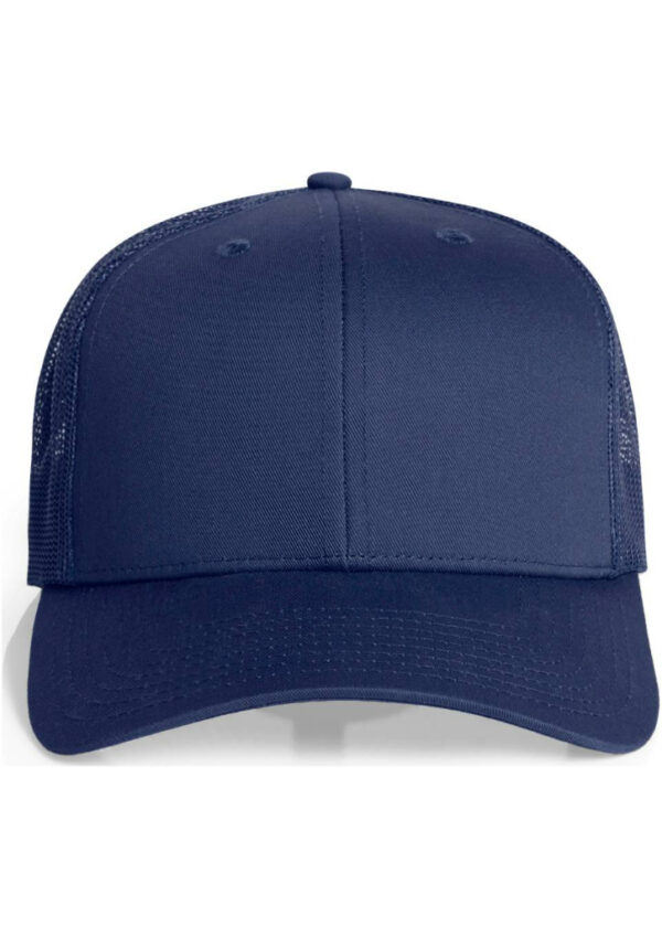 Navy blue baseball cap viewed from the front, with curved brim and mesh sides visible on the back half.
