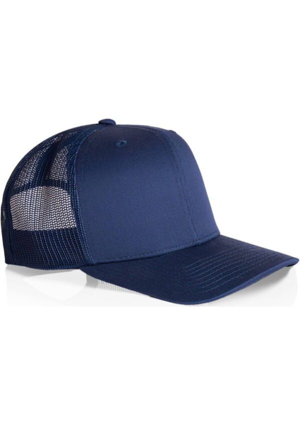 Navy blue trucker cap with a solid front panel and mesh back. There’s a curved brim in front and a small button on top.
