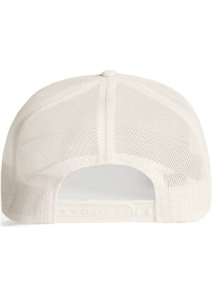 Back view of a white mesh baseball cap with an adjustable snap closure