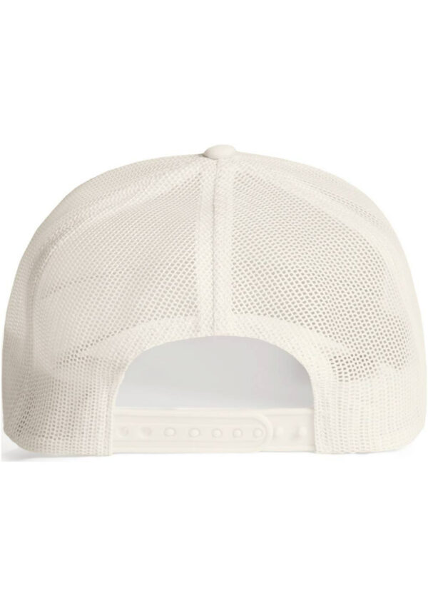 Back view of a white mesh baseball cap with an adjustable snap closure