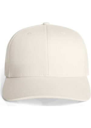 Beige baseball cap facing forward on a white background with a curved brim and button on top