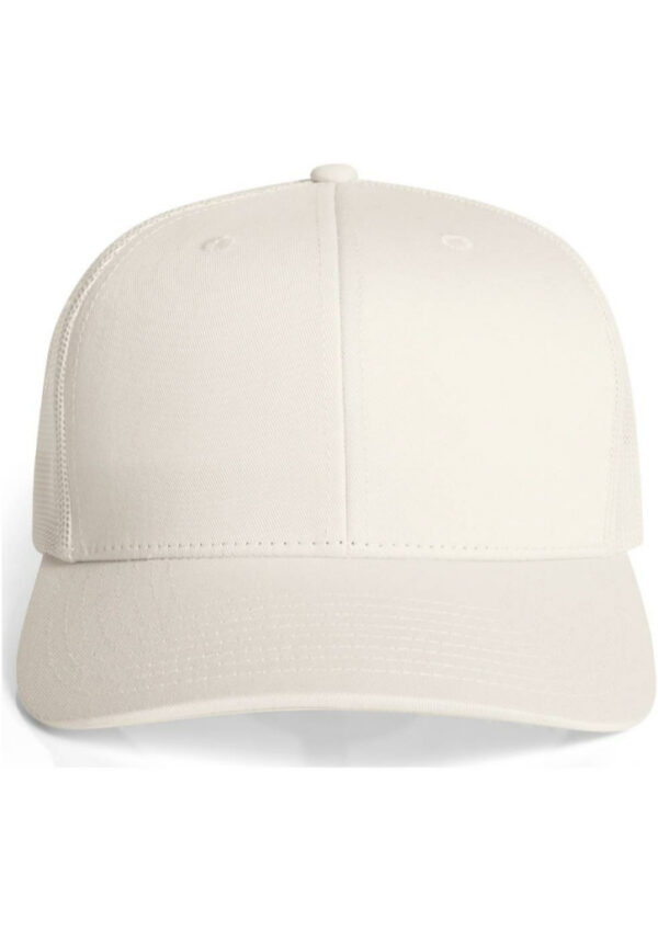 Beige baseball cap facing forward on a white background with a curved brim and button on top