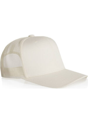 Beige trucker hat with mesh back and curved brim, front panel smooth fabric