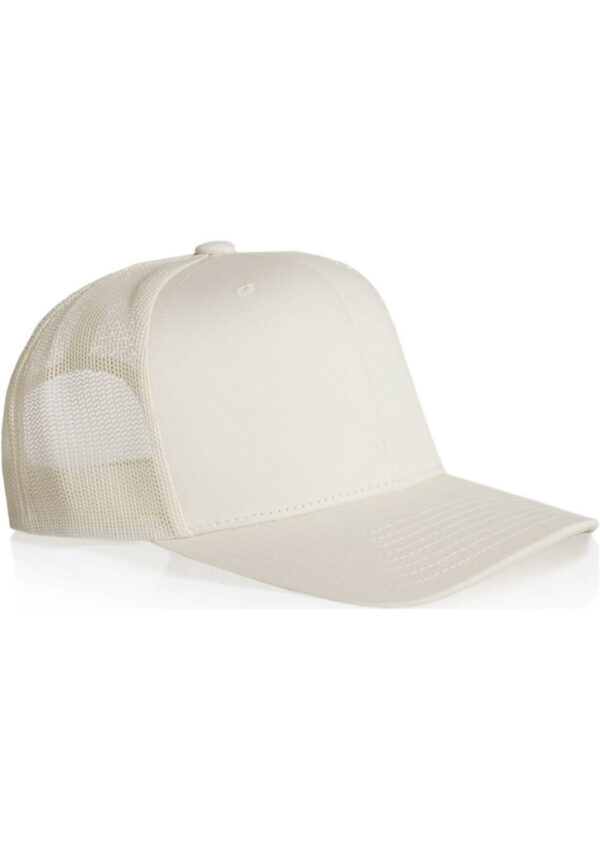Beige trucker hat with mesh back and curved brim, front panel smooth fabric