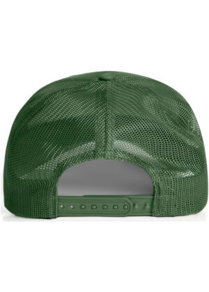 Green mesh baseball cap viewed from behind, showing the plastic adjustable strap behind the opening.
