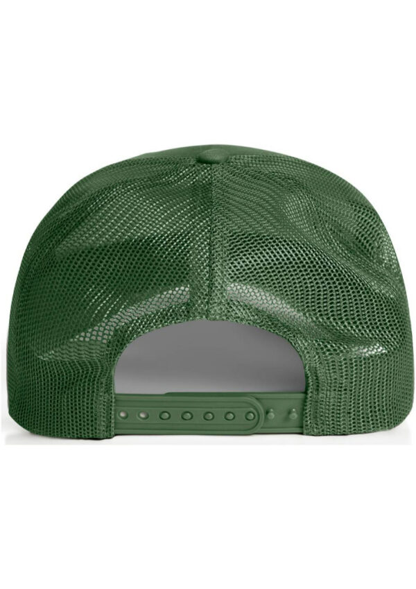 Green mesh baseball cap viewed from behind, showing the plastic adjustable strap behind the opening.