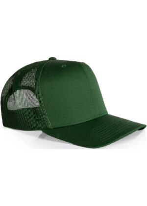 Green trucker hat with a solid front panel and mesh back on a white background