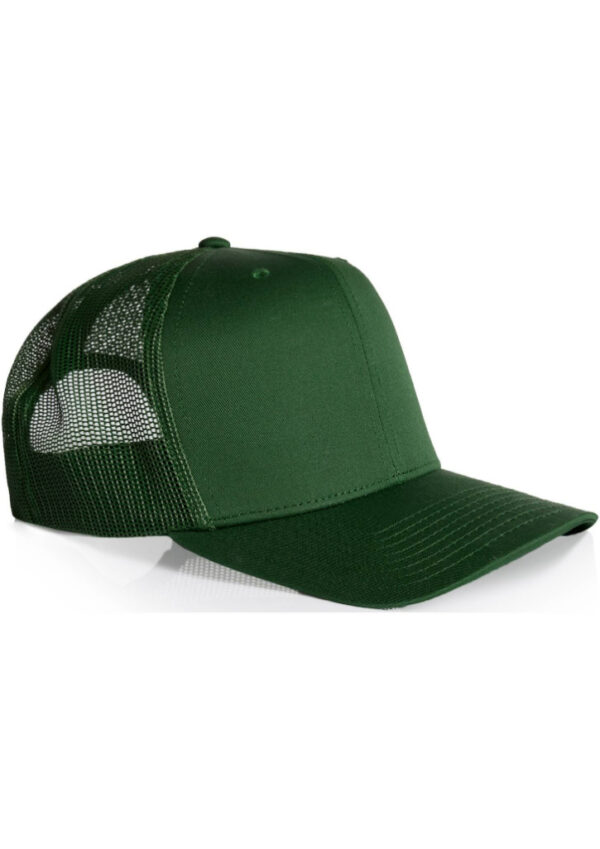 Green trucker hat with a solid front panel and mesh back on a white background