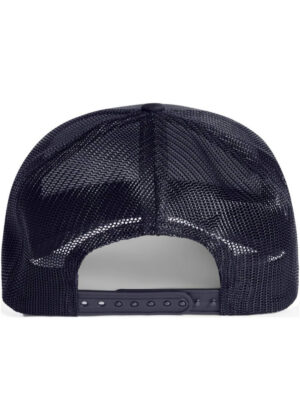 Back view of a navy mesh trucker hat with an adjustable snapback strap.