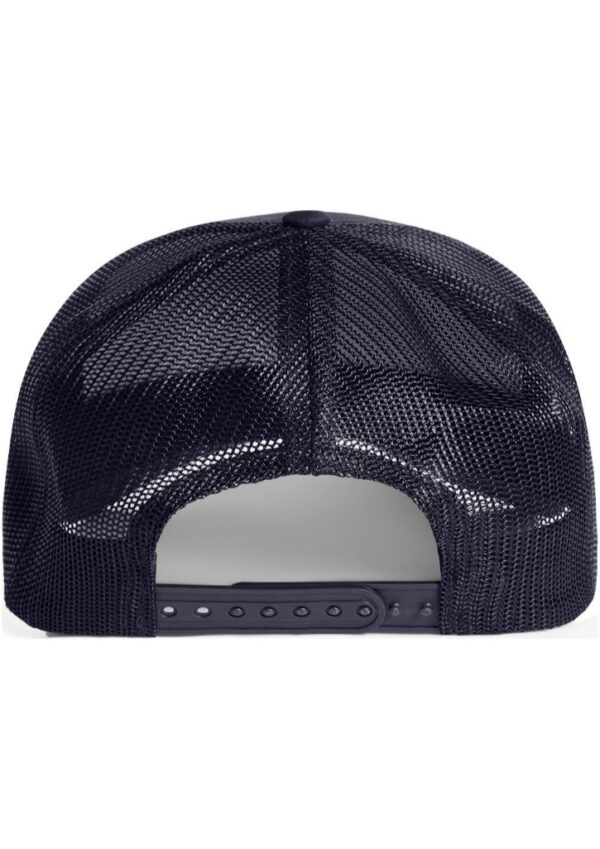 Back view of a navy mesh trucker hat with an adjustable snapback strap.