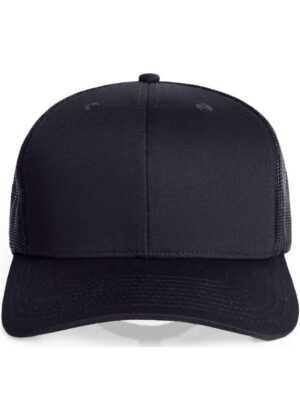 Front view of a plain black baseball cap with a curved brim