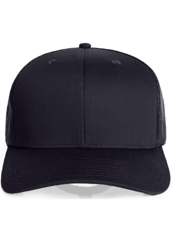 Front view of a plain black baseball cap with a curved brim