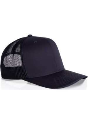 Navy blue trucker cap with mesh back and curved brim.