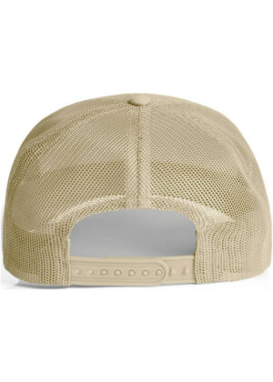 Beige mesh trucker hat viewed from the back with an adjustable snap strap.