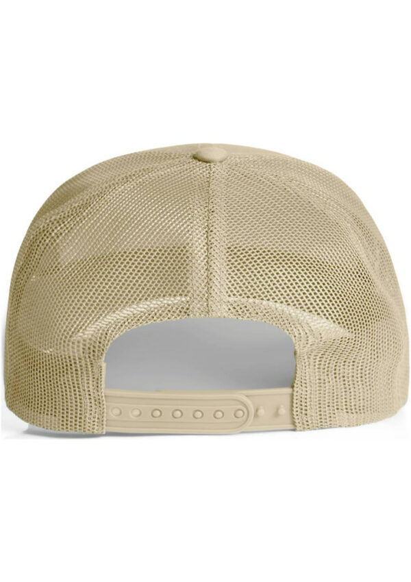 Beige mesh trucker hat viewed from the back with an adjustable snap strap.