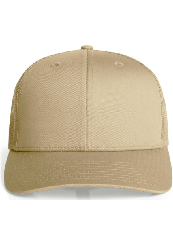 Beige baseball cap facing forward with a curved brim on a white background