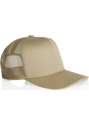Beige trucker hat with a mesh back and curved brim on a white background.