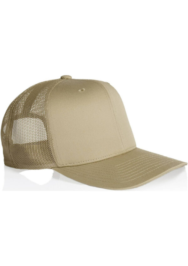 Beige trucker hat with a mesh back and curved brim on a white background.