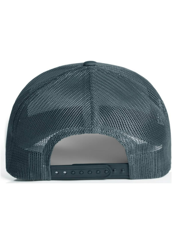 Back view of a dark blue mesh trucker cap with an adjustable snapback strap