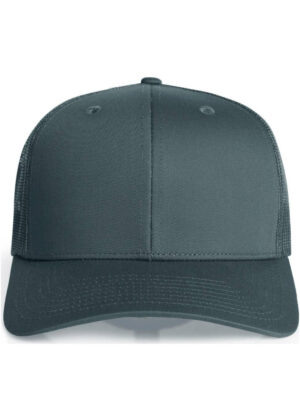 Front view of a dark gray baseball cap with a curved brim on a white background.