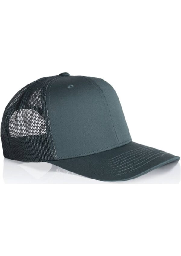 Dark blue trucker hat with a mesh back and curved brim on a white background.