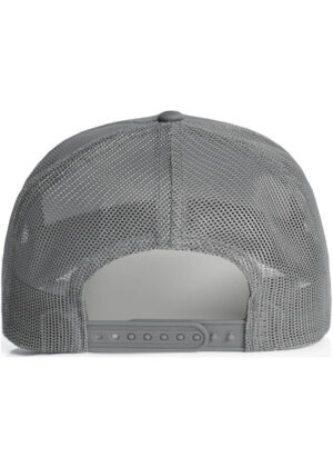Gray mesh trucker cap seen from the back with an adjustable snap strap.