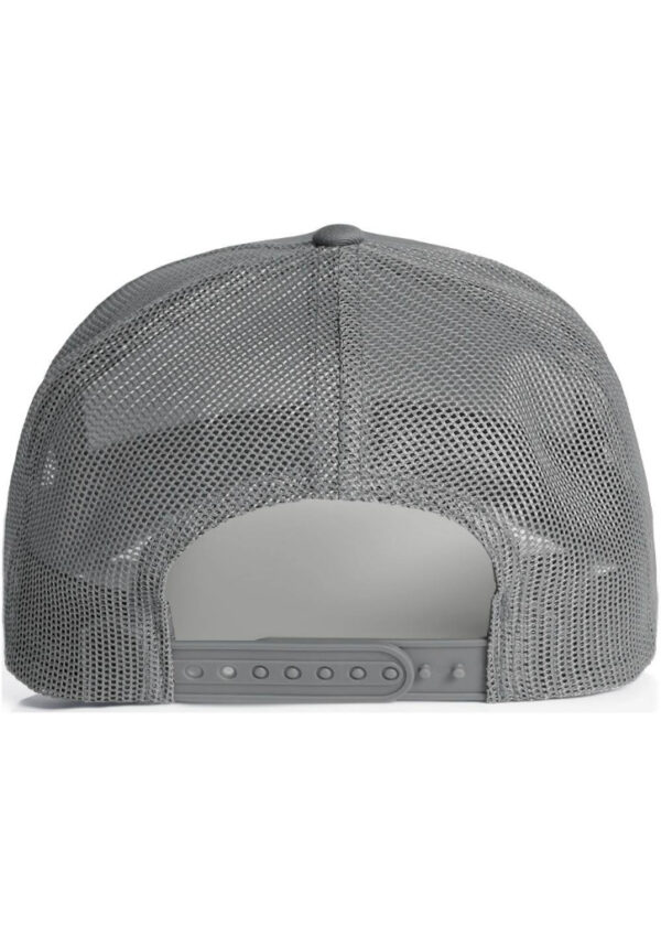 Gray mesh trucker cap seen from the back with an adjustable snap strap.