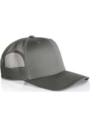Gray trucker cap with a foam front panel, mesh back, and curved brim photographed on a white background