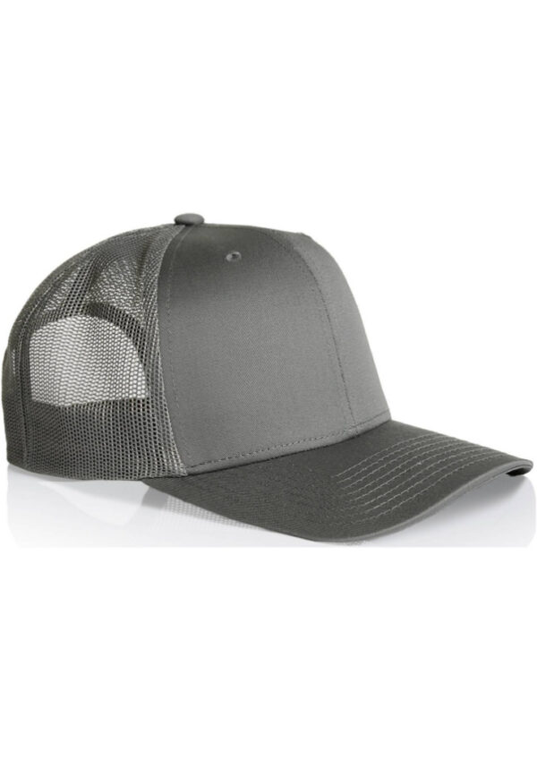 Gray trucker cap with a foam front panel, mesh back, and curved brim photographed on a white background
